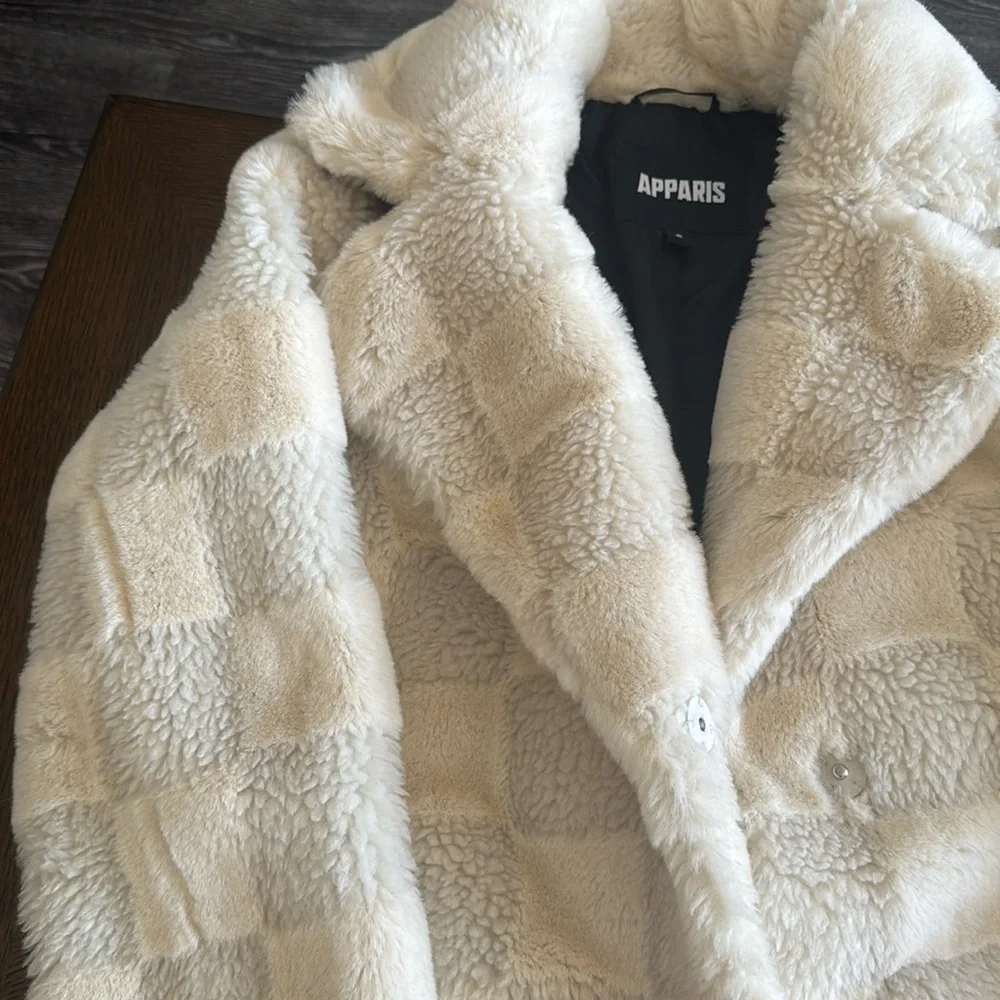 Apparis Tikka Checkerboard Faux Fur Coat, Size Small, $695